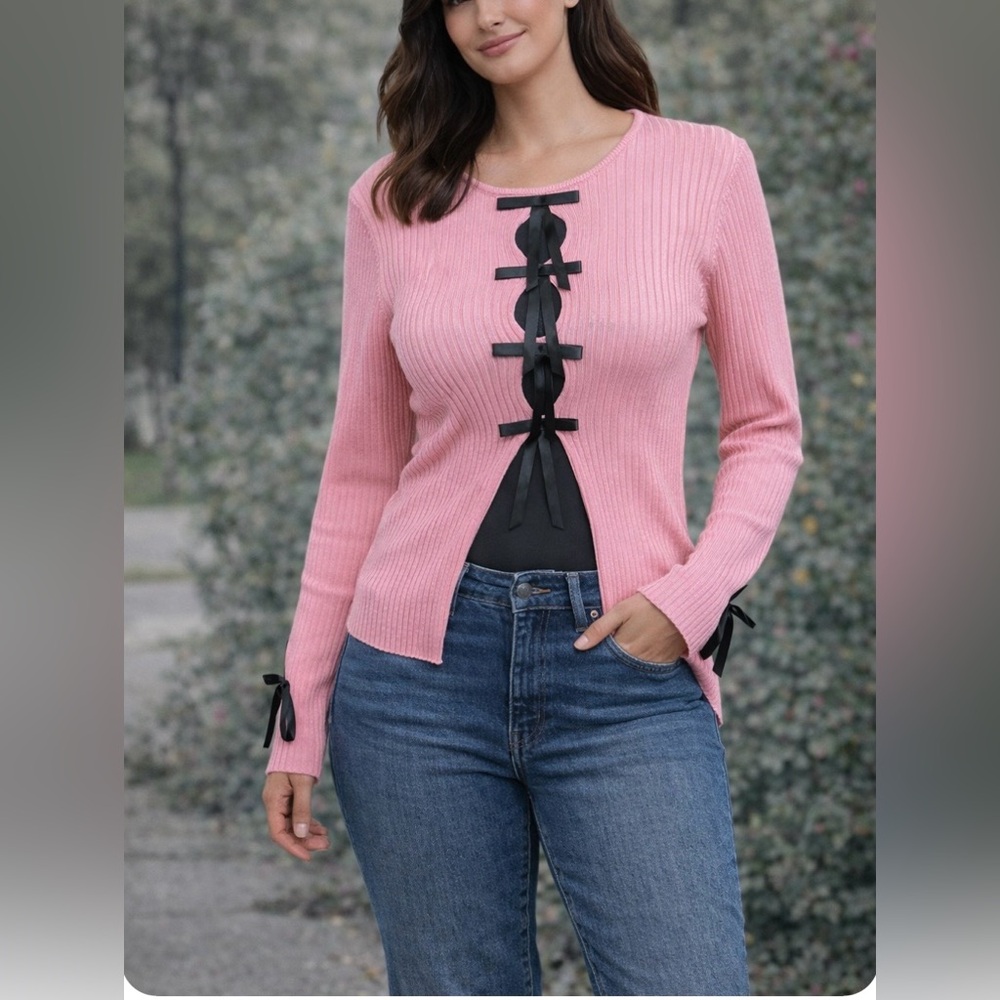 NWOT Pink Ribbed Sweater with Black Ribbon Detail
